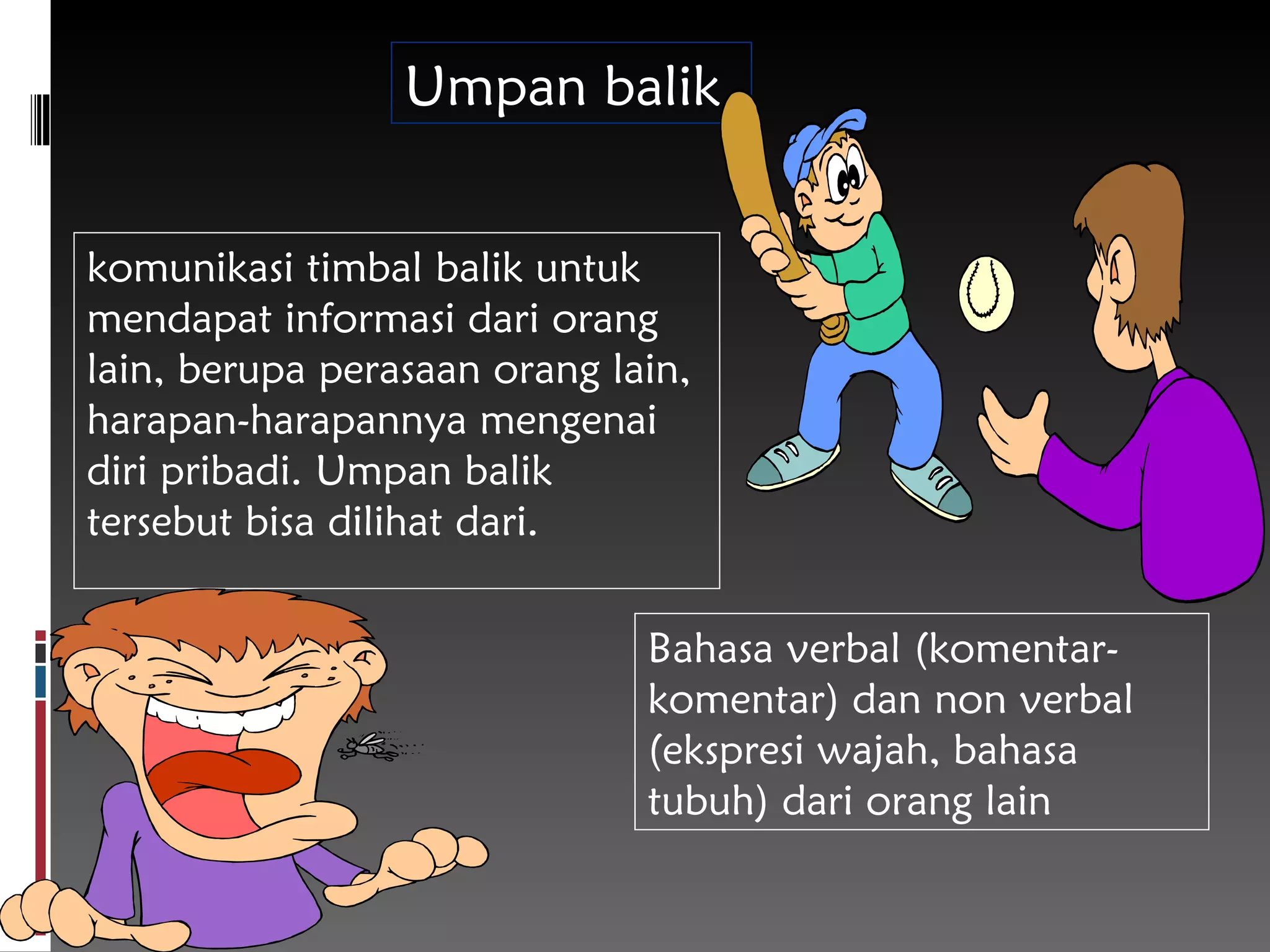 komunikasi timbal balik  untuk  mendapat informasi dari orang lain, berupa perasaan orang lain, harapan-harapannya mengenai diri pribadi. Umpan balik tersebut bisa dilihat dari.   Umpan balik B ahasa verbal (komentar-komentar) dan non verbal (ekspresi wajah, bahasa tubuh) dari orang lain 