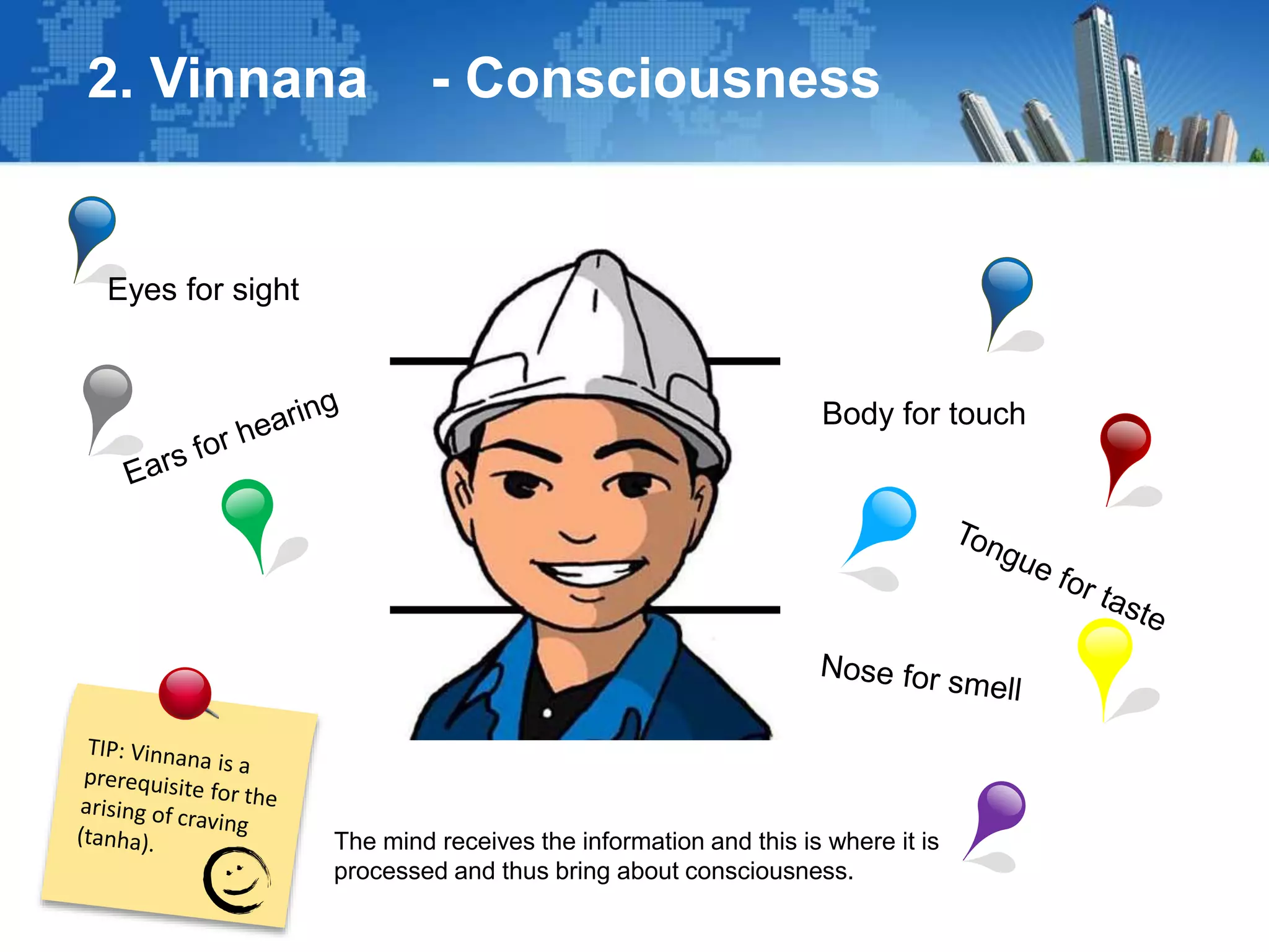 2. Vinnana - Consciousness
Eyes for sight
Body for touch
The mind receives the information and this is where it is
processed and thus bring about consciousness.
 