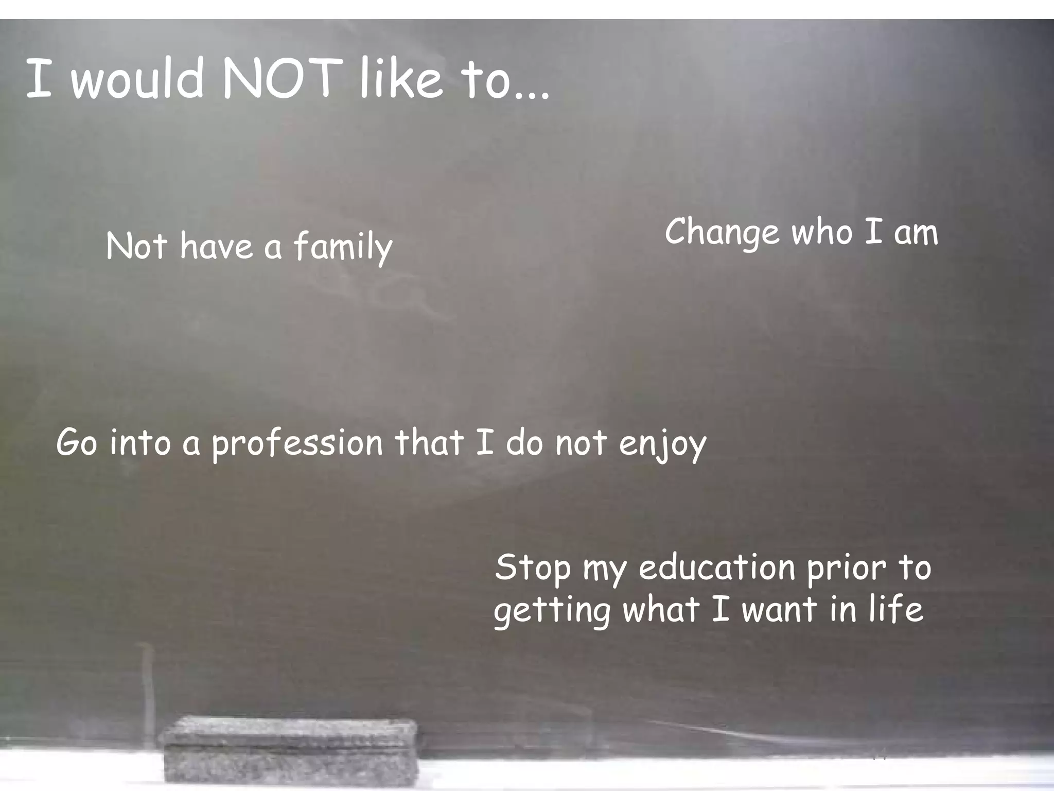 I would NOT like to... Not have a family Stop my education prior to getting what I want in life Go into a profession that I do not enjoy  Change who I am 