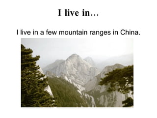 I live in… I live in a few mountain ranges in China. 