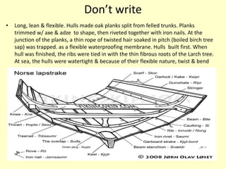Don’t write
• Long, lean & flexible. Hulls made oak planks split from felled trunks. Planks
trimmed w/ axe & adze to shape, then riveted together with iron nails. At the
junction of the planks, a thin rope of twisted hair soaked in pitch (boiled birch tree
sap) was trapped. as a flexible waterproofing membrane. Hulls built first. When
hull was finished, the ribs were tied in with the thin fibrous roots of the Larch tree.
At sea, the hulls were watertight & because of their flexible nature, twist & bend
 