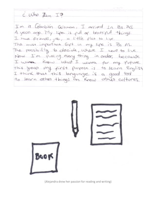 (Alejandra drew her passion for reading and writing)
 