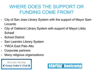 WHERE DOES THE SUPPORT OR
FUNDING COME FROM?
9
- City of San Jose Library System with the support of Mayor Sam
Liccardo
- ...