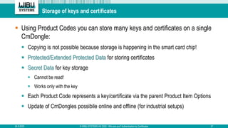 Storage of keys and certificates
▪ Using Product Codes you can store many keys and certificates on a single
CmDongle:
▪ Co...