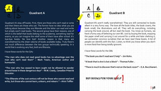 Quadrant BQuadrant A
I have these words for the QAs
“The man who does not read good books has no advantage over the
man who can't read them” ~ Mark Twain, American author and
humourist.
“The man who has ceased to learn ought not be allowed to wander
around loose in these dangerous days” ~ M.M. Coady, Canadian Priest &
Educator.
“The illiterate of the 21st century will not be those who cannot read and
write, but those who cannot learn,unlearn,and relearn.”~ Alvin Toffler
I have these words for the QBs
“The book you don't read won't help” ~ Jim Rohn.
“A book thatis shut is but a block”~ ThomasFuller .
“There is much to discover that's not on the back cover!”~ E.A. Bucchianeri.
Quadrant A’s stay off books. First, there are those who can’t read or write
and then there are those who can. The former have no idea what you are
talking about because they are illiterate and the latter can read and write
but simply won’t read books. The second group have their reasons, one of
which is the belief that books belong to the academia, something read for
exams, so you can imagine the relief some of them have after school. It’s
bye-bye books. No love lost! Another reason is that many are
overwhelmed by the sheer volume of books available today. Truly there’s
not much difference between the two groups technically speaking. In a
world that is evolving very fast, both are illiterate.
Quadrant B’s aren't really overwhelmed. They are still connected to books
albeit in a very funny way. The love all the book titles, the book covers, the
book smell, the illustrations and all. They will do everything, including
carrying the book around, all but read the book. You know as humans, we
have a funny way of believing our own BS. Just by buying the book, enjoying
the paper smell and carrying it out around for a while and later shelving it,
we somewhat convince ourselves that we have read these books. A lot of
people can identify with this fact. Listen, to think you know when you don’t
is more fatal than being totally ignorant.
| 38
 