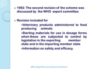    1992: The second revision of the scheme was
    discussed by the WHO expert committee

   Revision included for
      Veterinary products administered to food
      producing animals.
      Starting materials for use in dosage forms
      when these are subjected to control by
      legislation in the exporting    member
      state and in the importing member state
      Information on safety and efficacy.




            APMC College Of Pharmaceutical Education And Research
 