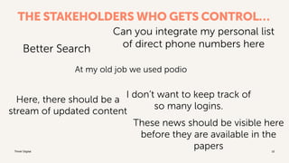 Think! Digital
THE STAKEHOLDERS WHO GETS CONTROL…
12
At my old job we used podio
Here, there should be a
stream of updated content
These news should be visible here
before they are available in the
papers
Can you integrate my personal list
of direct phone numbers hereBetter Search
I don’t want to keep track of
so many logins.
 