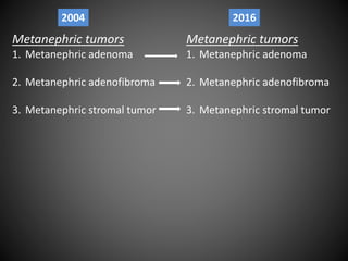 Metanephric tumors
1. Metanephric adenoma
2. Metanephric adenofibroma
3. Metanephric stromal tumor
Metanephric tumors
1. Metanephric adenoma
2. Metanephric adenofibroma
3. Metanephric stromal tumor
2004 2016
 