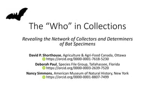 The “Who” in Collections
Revealing the Network of Collectors and Determiners
of Bat Specimens
David P. Shorthouse, Agriculture & Agri-Food Canada, Ottawa
https://orcid.org/0000-0001-7618-5230
Deborah Paul, Species File Group, Tallahassee, Florida
https://orcid.org/0000-0003-2639-7520
Nancy Simmons, American Museum of Natural History, New York
https://orcid.org/0000-0001-8807-7499
 