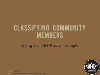 Classifying community
                members
                    Using Team BHP as an example




Source: Team BHP
Note: User names have been concealed to respect privacy
 