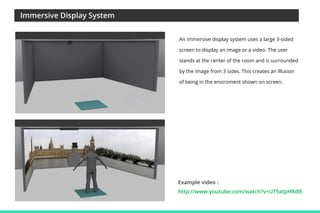Immersive Display System
An immersive display system uses a large 3-sided
screen to display an image or a video. The user
stands at the center of the room and is surrounded
by the image from 3 sides. This creates an illusion
of being in the enviroment shown on screen.

Example video :
http://www.youtube.com/watch?v=UT5xtpHRdlE

 