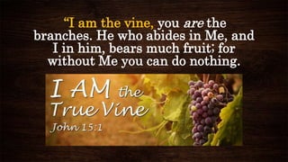 “I am the vine, you are the
branches. He who abides in Me, and
I in him, bears much fruit; for
without Me you can do nothing.
 