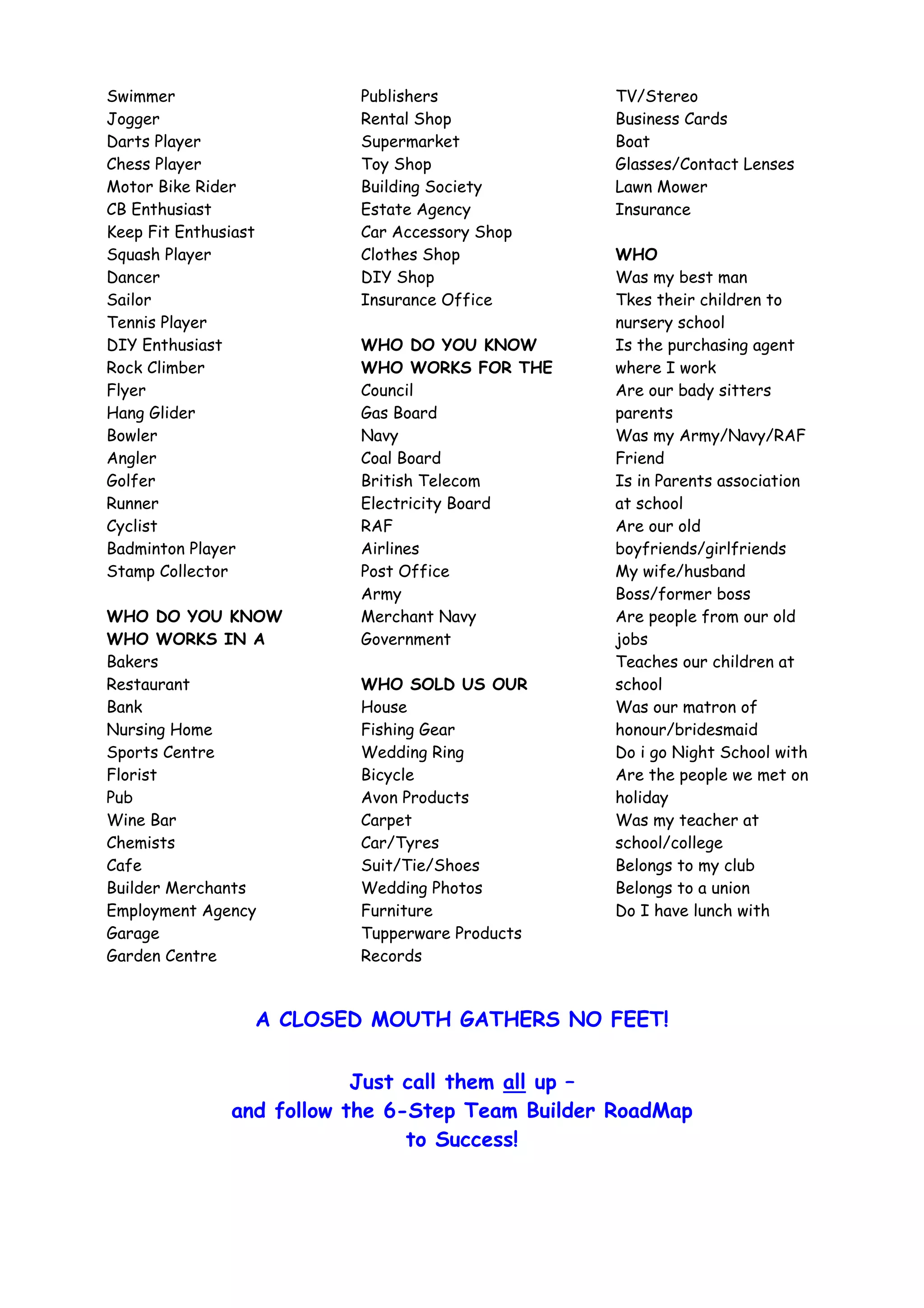 Swimmer                      Publishers            TV/Stereo
Jogger                       Rental Shop           Business Cards
Darts Player                 Supermarket           Boat
Chess Player                 Toy Shop              Glasses/Contact Lenses
Motor Bike Rider             Building Society      Lawn Mower
CB Enthusiast                Estate Agency         Insurance
Keep Fit Enthusiast          Car Accessory Shop
Squash Player                Clothes Shop          WHO
Dancer                       DIY Shop              Was my best man
Sailor                       Insurance Office      Tkes their children to
Tennis Player                                      nursery school
DIY Enthusiast               WHO DO YOU KNOW       Is the purchasing agent
Rock Climber                 WHO WORKS FOR THE     where I work
Flyer                        Council               Are our bady sitters
Hang Glider                  Gas Board             parents
Bowler                       Navy                  Was my Army/Navy/RAF
Angler                       Coal Board            Friend
Golfer                       British Telecom       Is in Parents association
Runner                       Electricity Board     at school
Cyclist                      RAF                   Are our old
Badminton Player             Airlines              boyfriends/girlfriends
Stamp Collector              Post Office           My wife/husband
                             Army                  Boss/former boss
WHO DO YOU KNOW              Merchant Navy         Are people from our old
WHO WORKS IN A               Government            jobs
Bakers                                             Teaches our children at
Restaurant                   WHO SOLD US OUR       school
Bank                         House                 Was our matron of
Nursing Home                 Fishing Gear          honour/bridesmaid
Sports Centre                Wedding Ring          Do i go Night School with
Florist                      Bicycle               Are the people we met on
Pub                          Avon Products         holiday
Wine Bar                     Carpet                Was my teacher at
Chemists                     Car/Tyres             school/college
Cafe                         Suit/Tie/Shoes        Belongs to my club
Builder Merchants            Wedding Photos        Belongs to a union
Employment Agency            Furniture             Do I have lunch with
Garage                       Tupperware Products
Garden Centre                Records



                      A CLOSED MOUTH GATHERS NO FEET!


                           Just call them all up –
               and follow the 6-Step Team Builder RoadMap
                                to Success!
 