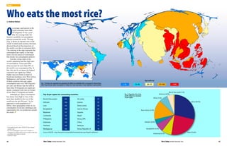 Maps




Who eats the most rice?
by Andrew Nelson




O
         n average, each person in the
         world consumes more than
         50 kilograms of rice a year.1
         But, this average hides the
massive variability in consumption
patterns around the world. The map
(Fig. 1) shows an unusual view of the
world 2 in which each territory has been
distorted based on the proportion of
the world’s rice that is consumed there.
The coloring in the map represents the
consumption per capita, so the map
shows two key pieces of information
that dictate rice consumption patterns.
     Asia has a large share of the
world’s population and has high rates
of consumption. China and India
alone account for more than 50% of
the world’s rice consumption (Fig. 2).
But, they are by no means the highest
consumers per capita (see Table).
Higher rates are found in much of
South and Southeast Asia, West Africa,
Madagascar, and Guyana. Several
of these countries have per capita                                                                                                                                                                                  Kg/capita/yr
consumption rates over 100 kilograms                         Fig. 1. Territory size represents the proportion of milled rice worldwide that is consumed in that territory.
                                                                                                                                                                             < 12                12–36                  36–72              72–120              >120
                                                             Color shows the per capita consumption of milled rice. Inset map shows a more traditional representation.
per year, and Brunei tops the table at
more than 20 kilograms per capita per
month, compared with rates in Europe
of less than 0.5 kilogram per month.                                                                                                                                                                                                                     Rest of the world (1.1%)
     Although per capita consumption                            Top 20 per capita rice-consuming countries.                                                                    Fig. 2. Proportion (%) of the                               Americas (4.9%)
                                                                                                                                                                               world's milled rice consumed
has always been high in Asia, it has                                                                                                                                           in each region.                                    Africa (7.3%)
more than doubled in the rest of the                            Brunei Darussalam                     245                     Sri Lanka                           97
world over the last 50 years.3 As we                                                                                                                                                                                                                                                     China (28.7%)
                                                                Vietnam                               166                     Guinea                              95
approach a world population of 7
billion, these geographic trends in rice                        Laos                                  163                     Sierra Leone                        92
consumption reveal new challenges and
                                                                Bangladesh                            160                     Guinea-Bissau                       85
opportunities for rice production around                                                                                                                                                                       Rest of Asia (15.7%)
the world.                                                      Myanmar                                157                    Guyana                              81
                                                                Cambodia                               152                    Nepal                               78
                                                                Philippines                            129                    Korea, DPR                          77
                                                                Indonesia                             125                     China                               77                                                Vietnam (4.0%)

                                                                Thailand                              103                     Malaysia                            77
1
  Food supply quantity data, FAOSTAT, http://snipurl.
  com/fao_stat.                                                 Madagascar                            102                     Korea, Republic of                  76                                                   Bangladesh (6.5%)
2
  See www.worldmapper.org for more examples of
  cartograms in which territories are re-sized on each map      Source: FAOSTAT - http://faostat.fao.org/site/609/DesktopDefault.aspx?PageID=609#ancor                                                                                                                              India (23.6%)
  according to the subject of interest.                                                                                                                                                                                          Indonesia (8.2%)
3
  FAOSTAT (2010).



44                                                               Rice Today October-December 2011                                                                                                                                             Rice Today October-December 2011                           45
 