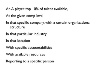 An A player top 10% of talent available,
At the given comp level
In that specific company, with a certain organizational
   structure
In that particular industry
In that location
With specific accountabilities
With available resources
Reporting to a specific person
 