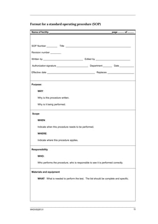 Format for a standard operating procedure (SOP)

 Name of facility ________________________________________________page .......... of ..........




 SOP Number ________ Title _________________________________________________

 Revision number ________

 Written by ______________________________ Edited by __________________________

 Authorization signature ________________________ Department _______ Date ___________

 Effective date ____________________________________ Replaces ____________________




 Purpose:

       WHY:

       Why is this procedure written.

       Why is it being performed.


  Scope

       WHEN:

       Indicate when this procedure needs to be performed.

       WHERE:

       Indicate where this procedure applies.


 Responsibility

       WHO:

       Who performs the procedure, who is responsible to see it is performed correctly.


 Materials and equipment

       WHAT: What is needed to perform the test. The list should be complete and specific.




WHO/VSQ/97.01                                                                                 15
 