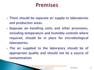  There should be separate air supply to laboratories
and production areas.
 Separate air-handling units and other provisions,
including temperature and humidity controls where
required, should be in place for microbiological
laboratories.
 The air supplied to the laboratory should be of
appropriate quality and should not be a source of
contamination.
12/2/2015 21
Drug Regulations : Online Resource for Latest
Information
 