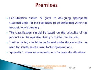  Consideration should be given to designing appropriate
classified areas for the operations to be performed within the
microbiology laboratory.
 The classification should be based on the criticality of the
product and the operation being carried out in the area.
 Sterility testing should be performed under the same class as
used for sterile/aseptic manufacturing operations.
 Appendix 1 shows recommendations for zone classifications.
12/2/2015 24
Drug Regulations : Online Resource for Latest
Information
 