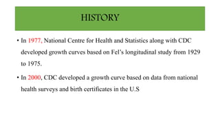 HISTORY
• In 1977, National Centre for Health and Statistics along with CDC
developed growth curves based on Fel’s longitudinal study from 1929
to 1975.
• In 2000, CDC developed a growth curve based on data from national
health surveys and birth certificates in the U.S
 