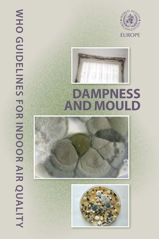 WHOGUIDELINESFORINDOORAIRQUALITY
WHOGUIDELINESFORINDOORAIRQUALITY:DAMPNESSANDMOULD
DAMPNESS
AND MOULD
Scherfigsvej 8, DK-2100 Copenhagen Ø, Denmark
Tel.: +45 39 17 17 17. Fax: +45 39 17 18 18
E-mail: postmaster@euro.who.int
Web site: www.euro.who.int
World Health Organization
Regional Office for Europe
When sufficient moisture is available, hundreds of species of
bacteria and fungi – particularly mould – pollute indoor air. The
most important effects of exposure to these pollutants are the
increased prevalence of respiratory symptoms, allergies and
asthma, as well as disturbance of the immune system. Prevent-
ing (or minimizing) persistent dampness and microbial growth
on interior surfaces and building structures is the most important
means of avoiding harmful effects on health.
This book provides a comprehensive overview of the scientific
evidence on the health problems associated with this ubiquitous
pollution and provides WHO guidelines to protect public health.
It also describes the conditions that determine the presence of
mould and provides measures to control its growth indoors.
 