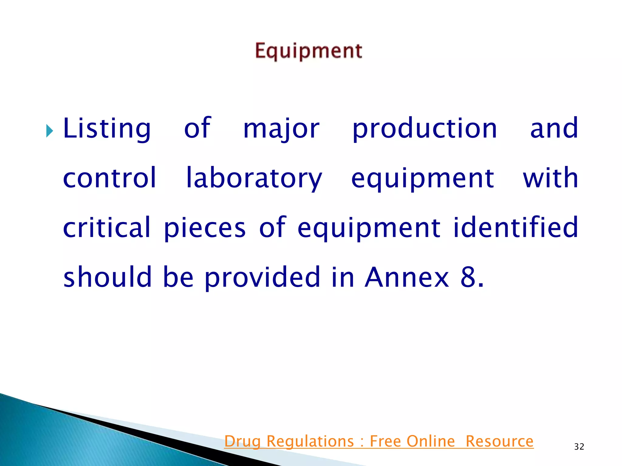  Listing of major production and
control laboratory equipment with
critical pieces of equipment identified
should be provided in Annex 8.
32Drug Regulations : Free Online Resource
 