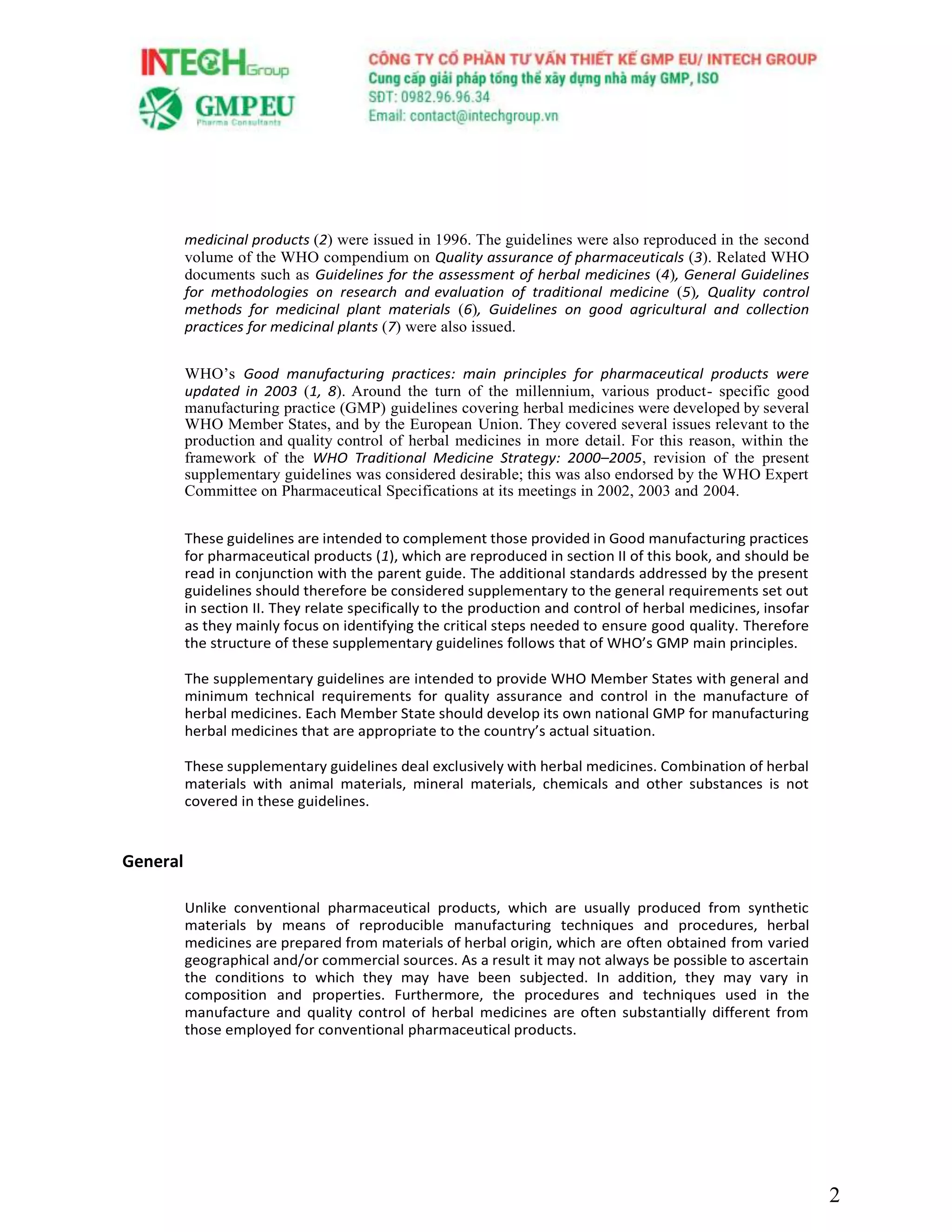 WHO GUIDELINES ON GOOD MANUFACTURING PRACTICES (GMP) FOR HERBAL