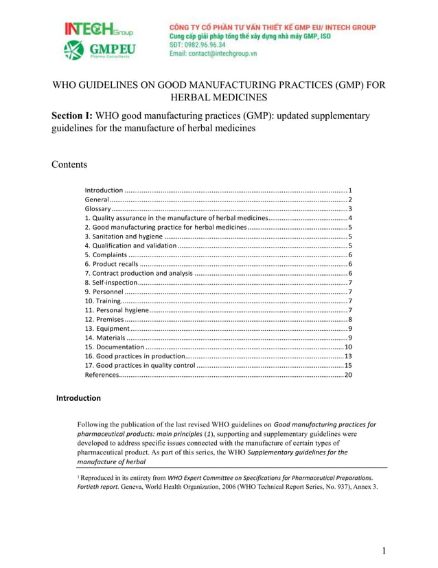 WHO GUIDELINES ON GOOD MANUFACTURING PRACTICES (GMP) FOR HERBAL