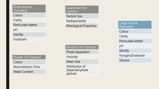 Small Volume
Parenteral
Colour
Clarity
Particulate Matter
pH
Sterility
Endotoxin
Powder For Injection
Colour
Reconstitution Time
Water Content
Suspension For
Injection
Particle Size
Redispersibility
Rheological Properties
Emulsion For Injection
Phase Separation
Viscosity
Mean Size
Distribution of
dispersed phase
globule
Large Volume
Parenteral
Colour
Clarity
Particulate Matter
pH
Sterility
Pyrogen/Endotoxin
Volume
 