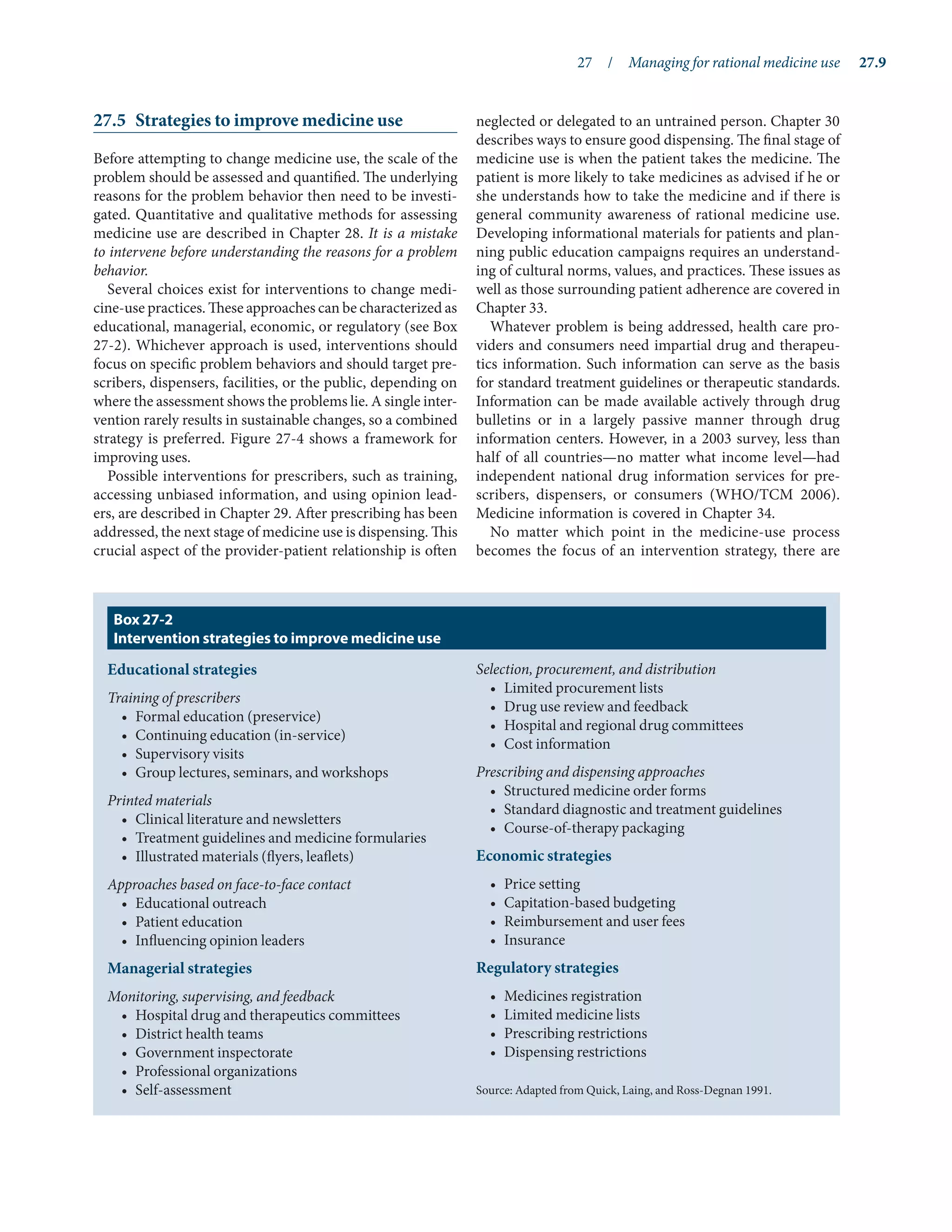27  /  Managing for rational medicine use	 27.9
27.5	 Strategies to improve medicine use
Before attempting to change medicine use, the scale of the
problem should be assessed and quantified. The underlying
reasons for the problem behavior then need to be investi-
gated. Quantitative and qualitative methods for assessing
medicine use are described in Chapter 28. It is a mistake
to intervene before understanding the reasons for a problem
behavior.
Several choices exist for interventions to change medi-
cine-use practices. These approaches can be characterized as
educational, managerial, economic, or regulatory (see Box
27-2). Whichever approach is used, interventions should
focus on specific problem behaviors and should target pre-
scribers, dispensers, facilities, or the public, depending on
where the assessment shows the problems lie. A single inter-
vention rarely results in sustainable changes, so a combined
strategy is preferred. Figure 27-4 shows a framework for
improving uses.
Possible interventions for prescribers, such as training,
accessing unbiased information, and using opinion lead-
ers, are described in Chapter 29. After prescribing has been
addressed, the next stage of medicine use is dispensing. This
crucial aspect of the provider-patient relationship is often
neglected or delegated to an untrained person. Chapter 30
describes ways to ensure good dispensing. The final stage of
medicine use is when the patient takes the medicine. The
patient is more likely to take medicines as advised if he or
she understands how to take the medicine and if there is
general community awareness of rational medicine use.
Developing informational materials for patients and plan-
ning public education campaigns requires an understand-
ing of cultural norms, values, and practices. These issues as
well as those surrounding patient adherence are covered in
Chapter 33.
Whatever problem is being addressed, health care pro-
viders and consumers need impartial drug and therapeu-
tics information. Such information can serve as the basis
for standard treatment guidelines or therapeutic standards.
Information can be made available actively through drug
bulletins or in a largely passive manner through drug
information centers. However, in a 2003 survey, less than
half of all countries—no matter what income level—had
independent national drug information services for pre-
scribers, dispensers, or consumers (WHO/TCM 2006).
Medicine information is covered in Chapter 34.
No matter which point in the medicine-use process
becomes the focus of an intervention strategy, there are
Educational strategies
Training of prescribers
•	 Formal education (preservice)
•	 Continuing education (in-service)
•	 Supervisory visits
•	 Group lectures, seminars, and workshops
Printed materials
•	 Clinical literature and newsletters
•	 Treatment guidelines and medicine formularies
•	 Illustrated materials (flyers, leaflets)
Approaches based on face-to-face contact
•	 Educational outreach
•	 Patient education
•	 Influencing opinion leaders
Managerial strategies
Monitoring, supervising, and feedback
•	 Hospital drug and therapeutics committees
•	 District health teams
•	 Government inspectorate
•	 Professional organizations
•	 Self-assessment
Selection, procurement, and distribution
•	 Limited procurement lists
•	 Drug use review and feedback
•	 Hospital and regional drug committees
•	 Cost information
Prescribing and dispensing approaches
•	 Structured medicine order forms
•	 Standard diagnostic and treatment guidelines
•	 Course-of-therapy packaging
Economic strategies
•	 Price setting
•	 Capitation-based budgeting
•	 Reimbursement and user fees
•	 Insurance
Regulatory strategies
•	 Medicines registration
•	 Limited medicine lists
•	 Prescribing restrictions
•	 Dispensing restrictions
Source: Adapted from Quick, Laing, and Ross-Degnan 1991.
Box 27-2
Intervention strategies to improve medicine use
 