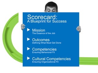 Scorecard:
A Blueprint for Success

  Mission
  The Essence of the Job


  Outcomes
  Defining What Must Get Done


  Comp...
