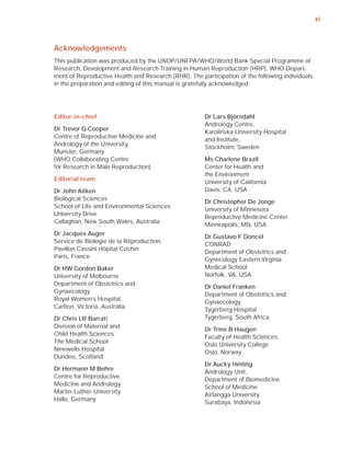 xi



Acknowledgements
This publication was produced by the UNDP/UNFPA/WHO/World Bank Special Programme of
Research, Development and Research Training in Human Reproduction (HRP), WHO Depart-
ment of Reproductive Health and Research (RHR). The participation of the following individuals
in the preparation and editing of this manual is gratefully acknowledged:




Editor-in-chief                                       Dr Lars Björndahl
                                                      Andrology Centre,
Dr Trevor G Cooper
                                                      Karolinska University Hospital
Centre of Reproductive Medicine and
                                                      and Institute,
Andrology of the University,
                                                      Stockholm, Sweden
Münster, Germany
(WHO Collaborating Centre                             Ms Charlene Brazil
for Research in Male Reproduction)                    Center for Health and
                                                      the Environment
Editorial team
                                                      University of California
Dr John Aitken                                        Davis, CA, USA
Biological Sciences
                                                      Dr Christopher De Jonge
School of Life and Environmental Sciences
                                                      University of Minnesota
University Drive
                                                      Reproductive Medicine Center
Callaghan, New South Wales, Australia
                                                      Minneapolis, MN, USA
Dr Jacques Auger
                                                      Dr Gustavo F Doncel
Service de Biologie de la Réproduction
                                                      CONRAD
Pavillon Cassini Hôpital Cochin
                                                      Department of Obstetrics and
Paris, France
                                                      Gynecology Eastern Virginia
Dr HW Gordon Baker                                    Medical School
University of Melbourne                               Norfolk, VA, USA
Department of Obstetrics and
                                                      Dr Daniel Franken
Gynaecology
                                                      Department of Obstetrics and
Royal Women’s Hospital
                                                      Gynaecology
Carlton, Victoria, Australia
                                                      Tygerberg Hospital
Dr Chris LR Barratt                                   Tygerberg, South Africa
Division of Maternal and
                                                      Dr Trine B Haugen
Child Health Sciences
                                                      Faculty of Health Sciences
The Medical School
                                                      Oslo University College
Ninewells Hospital
                                                      Oslo, Norway
Dundee, Scotland
                                                      Dr Aucky Hinting
Dr Hermann M Behre
                                                      Andrology Unit,
Centre for Reproductive
                                                      Department of Biomedicine
Medicine and Andrology
                                                      School of Medicine
Martin-Luther-University
                                                      Airlangga University,
Halle, Germany
                                                      Surabaya, Indonesia
 