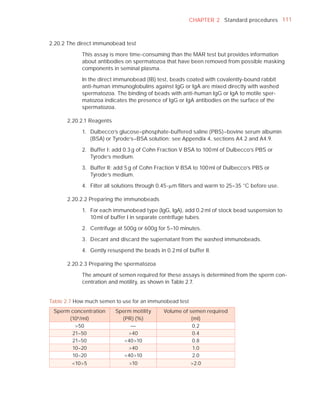 CHAPTER 2 Standard procedures 111



2.20.2 The direct immunobead test

            This assay is more time-consuming than the MAR test but provides information
            about antibodies on spermatozoa that have been removed from possible masking
            components in seminal plasma.

            In the direct immunobead (IB) test, beads coated with covalently-bound rabbit
            anti-human immunoglobulins against IgG or IgA are mixed directly with washed
            spermatozoa. The binding of beads with anti-human IgG or IgA to motile sper-
            matozoa indicates the presence of IgG or IgA antibodies on the surface of the
            spermatozoa.

      2.20.2.1 Reagents

            1. Dulbecco’s glucose–phosphate-buffered saline (PBS)–bovine serum albumin
               (BSA) or Tyrode’s–BSA solution: see Appendix 4, sections A4.2 and A4.9.

            2. Buffer I: add 0.3 g of Cohn Fraction V BSA to 100 ml of Dulbecco’s PBS or
               Tyrode’s medium.

            3. Buffer II: add 5 g of Cohn Fraction V BSA to 100 ml of Dulbecco’s PBS or
               Tyrode’s medium.

            4. Filter all solutions through 0.45-Pm ﬁlters and warm to 25–35 °C before use.

      2.20.2.2 Preparing the immunobeads

            1. For each immunobead type (IgG, IgA), add 0.2 ml of stock bead suspension to
               10 ml of buffer I in separate centrifuge tubes.

            2. Centrifuge at 500g or 600g for 5–10 minutes.

            3. Decant and discard the supernatant from the washed immunobeads.

            4. Gently resuspend the beads in 0.2 ml of buffer II.

      2.20.2.3 Preparing the spermatozoa

            The amount of semen required for these assays is determined from the sperm con-
            centration and motility, as shown in Table 2.7.


Table 2.7 How much semen to use for an immunobead test
 Sperm concentration      Sperm motility     Volume of semen required
      (106 /ml)             (PR) (%)                    (ml)
        >50                    —                         0.2
       21–50                  >40                        0.4
       21–50                 <40>10                      0.8
       10–20                  >40                        1.0
       10–20                 <40>10                      2.0
        <10>5                  >10                       >2.0
 