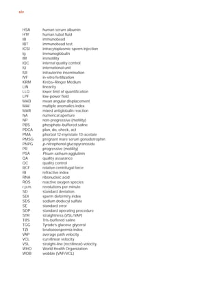 xiv



  HSA      human serum albumin
  HTF      human tubal ﬂuid
  IB       immunobead
  IBT      immunobead test
  ICSI     intracytoplasmic sperm injection
  Ig       immunoglobulin
  IM       immotility
  IQC      internal quality control
  IU       international unit
  IUI      intrauterine insemination
  IVF      in-vitro fertilization
  KRM      Krebs–Ringer Medium
  LIN      linearity
  LLQ      lower limit of quantiﬁcation
  LPF      low-power ﬁeld
  MAD      mean angular displacement
  MAI      multiple anomalies index
  MAR      mixed antiglobulin reaction
  NA       numerical aperture
  NP       non-progressive (motility)
  PBS      phosphate-buffered saline
  PDCA     plan, do, check, act
  PMA      phorbol 12-myristate 13-acetate
  PMSG     pregnant mare serum gonadotrophin
  PNPG     p-nitrophenol glucopyranoside
  PR       progressive (motility)
  PSA      Pisum sativum agglutinin
  QA       quality assurance
  QC       quality control
  RCF      relative centrifugal force
  RI       refractive index
  RNA      ribonucleic acid
  ROS      reactive oxygen species
  r.p.m.   revolutions per minute
  SD       standard deviation
  SDI      sperm deformity index
  SDS      sodium dodecyl sulfate
  SE       standard error
  SOP      standard operating procedure
  STR      straightness (VSL/VAP)
  TBS      Tris-buffered saline
  TGG      Tyrode’s glucose glycerol
  TZI      teratozoospermia index
  VAP      average path velocity
  VCL      curvilinear velocity
  VSL      straight-line (rectilinear) velocity
  WHO      World Health Organization
  WOB      wobble (VAP/VCL)
 