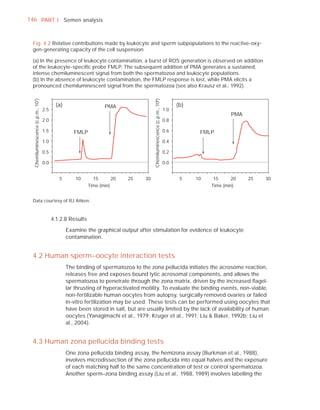 146 PART I Semen analysis



 Fig. 4.2 Relative contributions made by leukocyte and sperm subpopulations to the reactive-oxy-
 gen-generating capacity of the cell suspension

 (a) In the presence of leukocyte contamination, a burst of ROS generation is observed on addition
 of the leukocyte-speciﬁc probe FMLP. The subsequent addition of PMA generates a sustained,
 intense chemiluminescent signal from both the spermatozoa and leukocyte populations.
 (b) In the absence of leukocyte contamination, the FMLP response is lost, while PMA elicits a
 pronounced chemiluminescent signal from the spermatozoa (see also Krausz et al., 1992).
  Chemiluminescence (c.p.m., 107)




                                                                                        Chemiluminescence (c.p.m., 106)
                                            (a)                    PMA                                                          (b)
                                    2.5                                                                                   1.0
                                                                                                                                                   PMA
                                    2.0                                                                                   0.8

                                    1.5              FMLP                                                                 0.6          FMLP
                                    1.0                                                                                   0.4

                                    0.5                                                                                   0.2

                                    0.0                                                                                   0.0


                                             5        10      15       20   25     30                                            5    10    15     20    25   30
                                                            Time (min)                                                                     Time (min)


 Data courtesy of RJ Aitken.



                                          4.1.2.8 Results

                                                  Examine the graphical output after stimulation for evidence of leukocyte
                                                  contamination.


 4.2 Human sperm–oocyte interaction tests
                                                  The binding of spermatozoa to the zona pellucida initiates the acrosome reaction,
                                                  releases free and exposes bound lytic acrosomal components, and allows the
                                                  spermatozoa to penetrate through the zona matrix, driven by the increased ﬂagel-
                                                  lar thrusting of hyperactivated motility. To evaluate the binding events, non-viable,
                                                  non-fertilizable human oocytes from autopsy, surgically removed ovaries or failed
                                                  in-vitro fertilization may be used. These tests can be performed using oocytes that
                                                  have been stored in salt, but are usually limited by the lack of availability of human
                                                  oocytes (Yanagimachi et al., 1979; Kruger et al., 1991; Liu & Baker, 1992b; Liu et
                                                  al., 2004).


 4.3 Human zona pellucida binding tests
                                                  One zona pellucida binding assay, the hemizona assay (Burkman et al., 1988),
                                                  involves microdissection of the zona pellucida into equal halves and the exposure
                                                  of each matching half to the same concentration of test or control spermatozoa.
                                                  Another sperm–zona binding assay (Liu et al., 1988, 1989) involves labelling the
 