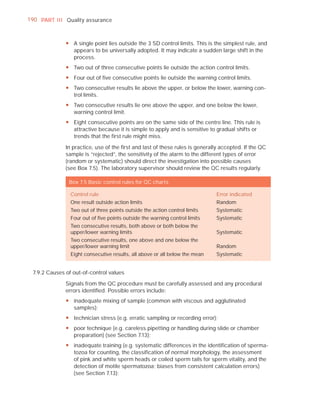 190 PART I I I Quality assurance



               y A single point lies outside the 3 SD control limits. This is the simplest rule, and
                 appears to be universally adopted. It may indicate a sudden large shift in the
                 process.
               y Two out of three consecutive points lie outside the action control limits.
               y Four out of five consecutive points lie outside the warning control limits.
               y Two consecutive results lie above the upper, or below the lower, warning con-
                 trol limits.
               y Two consecutive results lie one above the upper, and one below the lower,
                 warning control limit.
               y Eight consecutive points are on the same side of the centre line. This rule is
                 attractive because it is simple to apply and is sensitive to gradual shifts or
                 trends that the first rule might miss.

               In practice, use of the ﬁrst and last of these rules is generally accepted. If the QC
               sample is “rejected”, the sensitivity of the alarm to the different types of error
               (random or systematic) should direct the investigation into possible causes
               (see Box 7.5). The laboratory supervisor should review the QC results regularly.

                Box 7.5 Basic control rules for QC charts

                 Control rule                                                 Error indicated
                 One result outside action limits                             Random
                 Two out of three points outside the action control limits    Systematic
                 Four out of ﬁve points outside the warning control limits    Systematic
                 Two consecutive results, both above or both below the
                 upper/lower warning limits                                   Systematic
                 Two consecutive results, one above and one below the
                 upper/lower warning limit                                    Random
                 Eight consecutive results, all above or all below the mean   Systematic


  7.9.2 Causes of out-of-control values

               Signals from the QC procedure must be carefully assessed and any procedural
               errors identiﬁed. Possible errors include:
               y inadequate mixing of sample (common with viscous and agglutinated
                 samples);
               y technician stress (e.g. erratic sampling or recording error);
               y poor technique (e.g. careless pipetting or handling during slide or chamber
                 preparation) (see Section 7.13);
               y inadequate training (e.g. systematic differences in the identification of sperma-
                 tozoa for counting, the classification of normal morphology, the assessment
                 of pink and white sperm heads or coiled sperm tails for sperm vitality, and the
                 detection of motile spermatozoa; biases from consistent calculation errors)
                 (see Section 7.13);
 