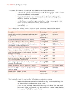 200 PART I I I Quality assurance



  7.13.2 Practical hints when experiencing difﬁculty assessing sperm morphology
                y Adhere to the guidelines in this manual: study the micrographs and the relevant
                  commentary for each spermatozoon.
                y Pay particular attention to spermatozoa with borderline morphology; these
                  should be classified as abnormal.
                y Conduct a scoring and training session using a bridge microscope or micro-
                  scope equipped with a video camera and a TV screen.
                y Review Table 7.3.

  Table 7.3 Sources of variation (error) in assessing sperm morphology and proposed solutions

   Procedure                                                 Prevention         Control
   Microscope not properly cleaned or aligned. Incorrect     Training, SOP,     IQC, EQC
   magniﬁcation                                              equipment
                                                             maintenance
   Inadequate training before performing analysis            Training           IQC, EQC
   Subjective techniques without clear guidelines            Training, SOP      IQC, EQC
   Subtle inﬂuences of peers on classiﬁcation systems        Training           IQC (control charts)
   (may cause changes during analysis)
   Semen inadequately mixed when smear was prepared          Training, SOP      IQC
   Poor smear preparation (i.e. too thick or too thin)       Training, SOP      IQC
   Poor staining technique (i.e. light, dark, or too much    Training, SOP      IQC
   background staining)
   Assessing spermatozoa on edge of slide                    Training, SOP      IQC
   Attempting to score spermatozoa that are not ﬂat, or      Training, SOP      IQC
   are overlapping other spermatozoa
   Not scoring all spermatozoa in area but selecting sper-   Training, SOP      IQC
   matozoa for assessment
   Fading of stain over time (for stored IQC samples)        Training, SOP      IQC (control chart)
   Errors in calculating percentages if not counted in       Training, SOP      IQC, EQC
   multiples of 100
   Malfunction of multikey counter                           Equipment          IQC, EQC
                                                             maintenance



  7.13.3 Practical hints when experiencing difﬁculty assessing sperm motility
                y Make the preparation immediately before assessing. Read only after any drift-
                  ing has stopped to reduce bias in overall motility.
                y Select the field randomly and do not deliberately select fields with high or low
                  numbers of motile spermatozoa. One way to do this is to avoid looking through
                  the oculars until a field has been selected.
 