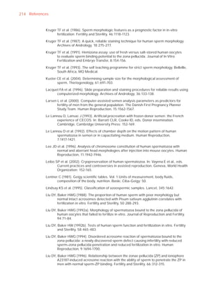 214 References


            Kruger TF et al. (1986). Sperm morphologic features as a prognostic factor in in-vitro
                   fertilization. Fertility and Sterility, 46:1118-1123.

            Kruger TF et al. (1987). A quick, reliable staining technique for human sperm morphology.
                   Archives of Andrology, 18:275-277.

            Kruger TF et al. (1991). Hemizona assay: use of fresh versus salt-stored human oocytes
                   to evaluate sperm binding potential to the zona pellucida. Journal of In Vitro
                   Fertilization and Embryo Transfer, 8:154-156.

            Kruger TF et al. (1993). The self teaching programme for strict sperm morphology. Bellville,
                   South Africa, MQ Medical.

            Kuster CE et al. (2004). Determining sample size for the morphological assessment of
                   sperm. Theriogenology, 61:691-703.

            Lacquet FA et al. (1996). Slide preparation and staining procedures for reliable results using
                  computerized morphology. Archives of Andrology, 36:133-138.

            Larsen L et al. (2000). Computer-assisted semen analysis parameters as predictors for
                   fertility of men from the general population. The Danish First Pregnancy Planner
                   Study Team. Human Reproduction, 15:1562-1567.

            Le Lannou D, Lansac J (1993). Artiﬁcial procreation with frozen donor semen: the French
                  experience of CECOS. In: Barratt CLR, Cooke ID, eds. Donor insemination.
                  Cambridge, Cambridge University Press: 152-169.

            Le Lannou D et al. (1992). Effects of chamber depth on the motion pattern of human
                  spermatozoa in semen or in capacitating medium. Human Reproduction,
                  7:1417-1421.

            Lee JD et al. (1996). Analysis of chromosome constitution of human spermatozoa with
                   normal and aberrant head morphologies after injection into mouse oocytes. Human
                   Reproduction, 11:1942-1946.

            Leibo SP et al. (2002). Cryopreservation of human spermatozoa. In: Vayena E et al., eds.
                   Current practices and controversies in assisted reproduction. Geneva, World Health
                   Organization: 152-165.

            Lentner C (1981). Geigy scientiﬁc tables. Vol. 1:Units of measurement, body ﬂuids,
                   composition of the body, nutrition. Basle, Ciba-Geigy: 50.

            Lindsay KS et al. (1995). Classiﬁcation of azoospermic samples. Lancet, 345:1642.

            Liu DY, Baker HWG (1988). The proportion of human sperm with poor morphology but
                    normal intact acrosomes detected with Pisum sativum agglutinin correlates with
                    fertilization in vitro. Fertility and Sterility, 50:288-293.

            Liu DY, Baker HWG (1992a). Morphology of spermatozoa bound to the zona pellucida of
                    human oocytes that failed to fertilize in vitro. Journal of Reproduction and Fertility,
                    94:71-84.

            Liu DY, Baker HW (1992b). Tests of human sperm function and fertilization in vitro. Fertility
                    and Sterility, 58:465-483.

            Liu DY, Baker HWG (1994). Disordered acrosome reaction of spermatozoa bound to the
                    zona pellucida: a newly discovered sperm defect causing infertility with reduced
                    sperm–zona pellucida penetration and reduced fertilization in vitro. Human
                    Reproduction, 9:1694-1700.

            Liu DY, Baker HWG (1996). Relationship between the zonae pellucida (ZP) and ionophore
                    A23187-induced acrosome reaction with the ability of sperm to penetrate the ZP in
                    men with normal sperm-ZP binding. Fertility and Sterility, 66:312-315.
 