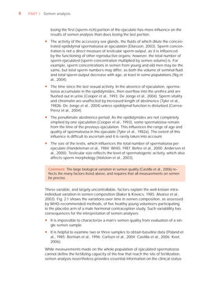 8   PART I Semen analysis



               losing the first (sperm-rich) portion of the ejaculate has more influence on the
               results of semen analysis than does losing the last portion.
            y The activity of the accessory sex glands, the fluids of which dilute the concen-
              trated epididymal spermatozoa at ejaculation (Eliasson, 2003). Sperm concen-
              tration is not a direct measure of testicular sperm output, as it is influenced
              by the functioning of other reproductive organs; however, the total number of
              sperm ejaculated (sperm concentration multiplied by semen volume) is. For
              example, sperm concentrations in semen from young and old men may be the
              same, but total sperm numbers may differ, as both the volume of seminal fluid
              and total sperm output decrease with age, at least in some populations (Ng et
              al., 2004).
            y The time since the last sexual activity. In the absence of ejaculation, sperma-
              tozoa accumulate in the epididymides, then overflow into the urethra and are
              flushed out in urine (Cooper et al., 1993; De Jonge et al., 2004). Sperm vitality
              and chromatin are unaffected by increased length of abstinence (Tyler et al.,
              1982b; De Jonge et al., 2004) unless epididymal function is disturbed (Correa-
              Perez et al., 2004).
            y The penultimate abstinence period. As the epididymides are not completely
              emptied by one ejaculation (Cooper et al., 1993), some spermatozoa remain
              from the time of the previous ejaculation. This influences the range of age and
              quality of spermatozoa in the ejaculate (Tyler et al., 1982a). The extent of this
              influence is difficult to ascertain and it is rarely taken into account.
            y The size of the testis, which influences the total number of spermatozoa per
              ejaculate (Handelsman et al., 1984; WHO, 1987; Behre et al., 2000; Andersen et
              al., 2000). Testicular size reflects the level of spermatogenic activity, which also
              affects sperm morphology (Holstein et al., 2003).


              Comment: The large biological variation in semen quality (Castilla et al., 2006) re-
              ﬂects the many factors listed above, and requires that all measurements on semen
              be precise.


            These variable, and largely uncontrollable, factors explain the well-known intra-
            individual variation in semen composition (Baker & Kovacs, 1985; Alvarez et al.,
            2003). Fig. 2.1 shows the variations over time in semen composition, as assessed
            by WHO-recommended methods, of ﬁve healthy young volunteers participating
            in the placebo arm of a male hormonal contraception study. Such variablility has
            consequences for the interpretation of semen analyses:
            y It is impossible to characterize a man’s semen quality from evaluation of a sin-
              gle semen sample.
            y It is helpful to examine two or three samples to obtain baseline data (Poland et
              al., 1985; Berman et al., 1996; Carlsen et al., 2004; Castilla et al., 2006; Keel,
              2006).

            While measurements made on the whole population of ejaculated spermatozoa
            cannot deﬁne the fertilizing capacity of the few that reach the site of fertilization,
            semen analysis nevertheless provides essential information on the clinical status
 