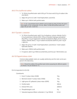APPENDIX 4 Stock solutions 241



A4.8 Tris-buffered saline
            1. To 750 ml of puriﬁed water add 6.055 g of Tris base and 8.52 g of sodium chlo-
               ride (NaCl).

            2. Adjust the pH to 8.2 with 1 mol/l hydrochloric acid (HCl).

            3. Make up to 1000 ml with puriﬁed water.

              Note: A 10× concentrated stock solution can be made by using 10 times the speci-
              ﬁed weights of the compounds. For use, dilute 10-fold with puriﬁed water and
              adjust the pH with 1 mol/l HCl.



A4.9 Tyrode’s solution
            1. To 750 ml of puriﬁed water add 0.2 g of anhydrous calcium chloride (CaCl2 ),
               0.2 g of potassium chloride (KCl), 0.05 g of disodium hydrogen phosphate
               (Na 2HPO4 ), 0.2 g of magnesium chloride hexahydrate (MgCl2.6H2O), 8.0 g of
               sodium chloride (NaCl), 1.0 g of sodium bicarbonate (NaHCO 3 ) and 1.0 g of
               D -glucose.

            2. Adjust the pH to 7.4 with 1 mol/l hydrochloric acid (HCl) or 1 mol/l sodium
               hydroxide (NaOH).

            3. Make up to 1000 ml with puriﬁed water.

            4. If required, add 0.3 g of BSA (essential fatty acid free) per 100 ml before use.


A4.10 Papanicolaou stain
            Commercially available stains are usually satisfactory, but the stain can be pre-
            pared in the laboratory.

              Note: Check the acidity of the puriﬁed water before preparing the different grades
              of ethanol. The pH should be 7.0.


EA-36 (equivalent to EA-50)

      Constituents

            1. Eosin Y (colour index 45380)                                   10 g

            2. Bismarck brown Y (colour index 21000)                          10 g

            3. Light-green SF, yellowish (colour index 42095)                 10 g

            4. Puriﬁed water                                                  300 ml

            5. Ethanol 95% (v/v)                                              2000 ml

            6. Phosphotungstic acid                                           4g

            7. Saturated aqueous lithium carbonate (1.3 g /100 ml)           0.5 ml
 