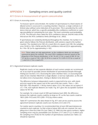 254


 APPENDIX 7               Sampling errors and quality control
 A7.1 Errors in measurement of sperm concentration
 A7.1.1 Errors in assessing counts

              To measure sperm concentration, the number of spermatozoa in a ﬁxed volume of
              diluted semen is assessed in a counting chamber. However, a single estimate is of
              limited value without some indication of its precision. This is provided by the conﬁ-
              dence interval, which has a speciﬁc probability (the conﬁdence coefﬁcient or cover-
              age possibility) of containing the true value. The most commonly used probability
              is 0.95. The interval is then called the 95% conﬁdence interval, and the ends of this
              interval are the 95% conﬁdence limits (Armitage et al., 2002).

              If spermatozoa are randomly distributed throughout the chamber, the number in a
              given volume follows the Poisson distribution, with variance equal to the number
              counted. The standard error (SE) of a count (N) is its square root (—N), the sampling
              error (%SE) is 100 × (—N/N) and the 95% conﬁdence interval (CI) is approximately
              N ± 1.96 × SE (or N ± approximately 2 × SE).

                Note: These values are only approximate, as the conﬁdence limits are not always
                symmetrical about the estimate. The exact 95% conﬁdence interval, based on the
                properties of the Poisson distribution, is 361.76–441.21 for a count of 400, 81.36–
                121.66 for a count of 100, 4.80–18.39 for a count of 10, 0.025–5.572 for a count of
                1, and 0.0–3.7 for a count of 0.


 A7.1.2 Agreement between replicate counts

              Replicate counts on two separate dilutions of each semen sample are recommend-
              ed, to account for possible uneven distribution of spermatozoa despite thorough
              mixing (see Section 2.4.1). Assessing the same chamber twice, or assessing both
              sides of one chamber ﬁlled from a single dilution, is not true replication, as this will
              not allow errors of preparation, mixing or dilution to be detected.

              The difference between independent counts is expected to be zero, with stand-
              ard error equal to the square root of the sum of the two counts. Thus z = (N1–
              N2)/—(N1 + N2) should be 1.96 by chance alone; if it is, the values are accepted. If
              z is 1.96, new replicate dilutions are made. Fig. A7.1 gives the acceptable rounded
              values for N1–N2.

              For example, for a mean count of 200 spermatozoa (sum 400), the difference
              between the replicate counts could be as large as 39, so the two counts could be
              180.5 (200–19.5) and 219.5 (200 + 19.5) by chance alone.

              Table A7.1 summarizes the data shown in Fig. A7.1 and can be used to assess the
              agreement between replicate counts (see Sections 2.8.3 and 2.11).

              For routine sperm counting, it is recommended that at least 200 spermatozoa are
              counted in each replicate, so that a total of about 400 cells are counted; the sam-
              pling error is then less than 5% (see Table 2.2). With very low sperm numbers, higher
              sampling errors may be unavoidable (see Sections 2.11.1 and 2.11.2), in which case
              the sampling error (%SE) for the number of spermatozoa counted (see Table 2.2)
              should be reported.
 