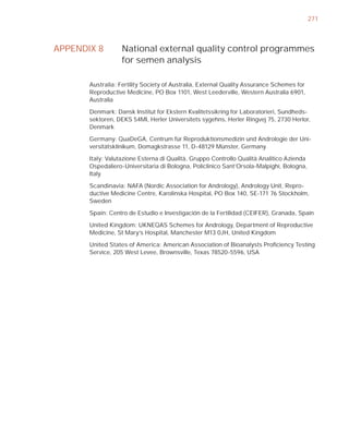 271



APPENDIX 8         National external quality control programmes
                   for semen analysis

       Australia: Fertility Society of Australia, External Quality Assurance Schemes for
       Reproductive Medicine, PO Box 1101, West Leederville, Western Australia 6901,
       Australia

       Denmark: Dansk Institut for Ekstern Kvalitetssikring for Laboratorieri, Sundheds-
       sektoren, DEKS 54MI, Herler Universitets sygehns, Herler Ringvej 75, 2730 Herlor,
       Denmark

       Germany: QuaDeGA, Centrum für Reproduktionsmedizin und Andrologie der Uni-
       versitätsklinikum, Domagkstrasse 11, D-48129 Münster, Germany

       Italy: Valutazione Esterna di Qualità, Gruppo Controllo Qualità Analitico Azienda
       Ospedaliero-Universitaria di Bologna, Policlinico Sant’Orsola-Malpighi, Bologna,
       Italy

       Scandinavia: NAFA (Nordic Association for Andrology), Andrology Unit, Repro-
       ductive Medicine Centre, Karolinska Hospital, PO Box 140, SE-171 76 Stockholm,
       Sweden

       Spain: Centro de Estudio e Investigación de la Fertilidad (CEIFER), Granada, Spain

       United Kingdom: UKNEQAS Schemes for Andrology, Department of Reproductive
       Medicine, St Mary’s Hospital, Manchester M13 0JH, United Kingdom

       United States of America: American Association of Bioanalysts Proﬁciency Testing
       Service, 205 West Levee, Brownsville, Texas 78520-5596, USA
 