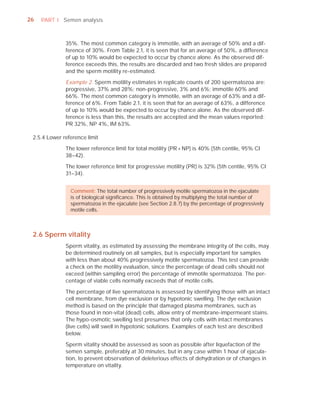 26   PART I Semen analysis



              35%. The most common category is immotile, with an average of 50% and a dif-
              ference of 30%. From Table 2.1, it is seen that for an average of 50%, a difference
              of up to 10% would be expected to occur by chance alone. As the observed dif-
              ference exceeds this, the results are discarded and two fresh slides are prepared
              and the sperm motility re-estimated.

              Example 2. Sperm motility estimates in replicate counts of 200 spermatozoa are:
              progressive, 37% and 28%; non-progressive, 3% and 6%; immotile 60% and
              66%. The most common category is immotile, with an average of 63% and a dif-
              ference of 6%. From Table 2.1, it is seen that for an average of 63%, a difference
              of up to 10% would be expected to occur by chance alone. As the observed dif-
              ference is less than this, the results are accepted and the mean values reported:
              PR 32%, NP 4%, IM 63%.

 2.5.4 Lower reference limit

              The lower reference limit for total motility (PR + NP) is 40% (5th centile, 95% CI
              38–42).

              The lower reference limit for progressive motility (PR) is 32% (5th centile, 95% CI
              31–34).


                Comment: The total number of progressively motile spermatozoa in the ejaculate
                is of biological signiﬁcance. This is obtained by multiplying the total number of
                spermatozoa in the ejaculate (see Section 2.8.7) by the percentage of progressively
                motile cells.



 2.6 Sperm vitality
              Sperm vitality, as estimated by assessing the membrane integrity of the cells, may
              be determined routinely on all samples, but is especially important for samples
              with less than about 40% progressively motile spermatozoa. This test can provide
              a check on the motility evaluation, since the percentage of dead cells should not
              exceed (within sampling error) the percentage of immotile spermatozoa. The per-
              centage of viable cells normally exceeds that of motile cells.

              The percentage of live spermatozoa is assessed by identifying those with an intact
              cell membrane, from dye exclusion or by hypotonic swelling. The dye exclusion
              method is based on the principle that damaged plasma membranes, such as
              those found in non-vital (dead) cells, allow entry of membrane-impermeant stains.
              The hypo-osmotic swelling test presumes that only cells with intact membranes
              (live cells) will swell in hypotonic solutions. Examples of each test are described
              below.

              Sperm vitality should be assessed as soon as possible after liquefaction of the
              semen sample, preferably at 30 minutes, but in any case within 1 hour of ejacula-
              tion, to prevent observation of deleterious effects of dehydration or of changes in
              temperature on vitality.
 
