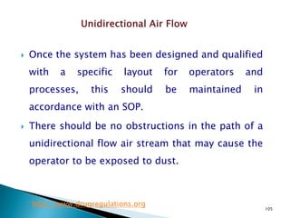105
 Once the system has been designed and qualified
with a specific layout for operators and
processes, this should be maintained in
accordance with an SOP.
 There should be no obstructions in the path of a
unidirectional flow air stream that may cause the
operator to be exposed to dust.
http://www.drugregulations.org
 
