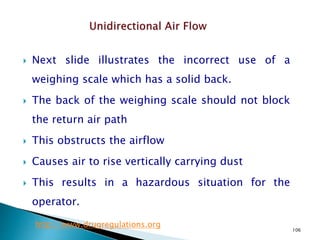 106
 Next slide illustrates the incorrect use of a
weighing scale which has a solid back.
 The back of the weighing scale should not block
the return air path
 This obstructs the airflow
 Causes air to rise vertically carrying dust
 This results in a hazardous situation for the
operator.
http://www.drugregulations.org
 