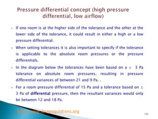 131
 If one room is at the higher side of the tolerance and the other at the
lower side of the tolerance, it could result in either a high or a low
pressure differential.
 When setting tolerances it is also important to specify if the tolerance
is applicable to the absolute room pressures or the pressure
differentials.
 In the diagram below the tolerances have been based on a ± 3 Pa
tolerance on absolute room pressures, resulting in pressure
differential variances of between 21 and 9 Pa. .
 For a room pressure differential of 15 Pa and a tolerance based on ±
3 Pa of differential pressure, then the resultant variances would only
be between 12 and 18 Pa.
http://www.drugregulations.org
 