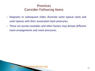 23
 Diagrams in subsequent slides illustrate some typical room and
suite layouts with their associated room pressures.
 These are purely examples and other factors may dictate different
room arrangements and room pressures.
http://www.drugregulations.org
 