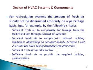 34
 For recirculation systems the amount of fresh air
should not be determined arbitrarily on a percentage
basis, but, for example, by the following criteria:
◦ Sufficient fresh air to compensate for leakage from the
facility and loss through exhaust air systems;
◦ Sufficient fresh air to comply with national building
regulations (depending on occupant density, between 1 and
2.5 ACPH will often satisfy occupancy requirements);
◦ Sufficient fresh air for odor control;
◦ Sufficient fresh air to provide the required building
pressurization
http://www.drugregulations.org
 