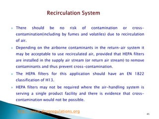 45
 There should be no risk of contamination or cross-
contamination(including by fumes and volatiles) due to recirculation
of air.
 Depending on the airborne contaminants in the return-air system it
may be acceptable to use recirculated air, provided that HEPA filters
are installed in the supply air stream (or return air stream) to remove
contaminants and thus prevent cross-contamination.
 The HEPA filters for this application should have an EN 1822
classification of H13.
 HEPA filters may not be required where the air-handling system is
serving a single product facility and there is evidence that cross-
contamination would not be possible.
http://www.drugregulations.org
 