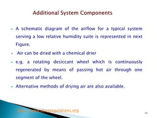52
 A schematic diagram of the airflow for a typical system
serving a low relative humidity suite is represented in next
Figure.
 Air can be dried with a chemical drier
 e.g. a rotating desiccant wheel which is continuously
regenerated by means of passing hot air through one
segment of the wheel.
 Alternative methods of drying air are also available.
http://www.drugregulations.org
 