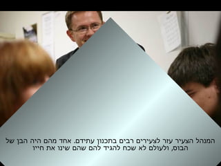 .‫של‬ ‫הבן‬ ‫היה‬ ‫מהם‬ ‫אחד‬ ‫עתידם‬ ‫בתכנון‬ ‫רבים‬ ‫לצעירים‬ ‫עזר‬ ‫הצעיר‬ ‫המנהל‬
,‫חייו‬ ‫את‬ ‫שינו‬ ‫שהם‬ ‫להם‬ ‫להגיד‬ ‫שכח‬ ‫לא‬ ‫ולעולם‬ ‫הבוס‬
 
